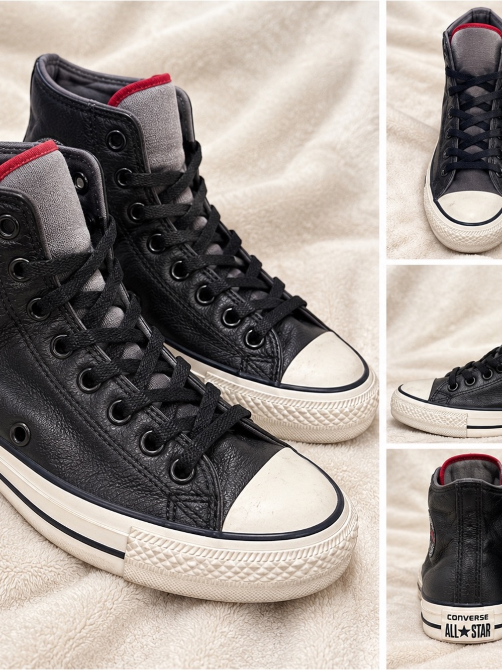 Converse Black Leather High-Top Sneakers with Red Collar